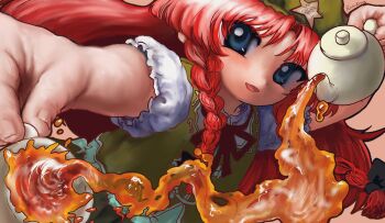 Rule 34 | 1girl, black bow, black ribbon, blue eyes, bow, cup, green hat, green vest, hat, hat ornament, highres, holding, holding cup, holding teapot, hong meiling, long hair, looking at viewer, neck ribbon, open mouth, perspective, pouring, puffy short sleeves, puffy sleeves, red hair, ribbon, rusuban (yakumora n), short sleeves, smile, solo, star (symbol), star hat ornament, teapot, touhou, vest