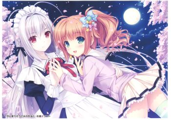 2girls :d absurdres ahoge antenna_hair apron ass black_ribbon blue_bow bow cherry_blossoms crossdressing crossdressing_(ftm) dutch_angle earrings full_moon ginjou_haruko green_eyes hair_bow hair_ribbon highres jewelry kokura_asahi long_hair looking_at_viewer maid maid_headdress moon multiple_girls neck_ribbon night open_mouth orange_hair outdoors pleated_skirt purple_shirt red_eyes red_ribbon ribbon sayori_(neko_works) school_uniform serafuku shirt side_ponytail silver_hair skirt smile star_(symbol) star_earrings striped_bow striped_clothes striped_legwear striped_thighhighs thighhighs tree tsuki_ni_yorisou_otome_no_sahou tsuki_ni_yorisou_otome_no_sahou_2 white_apron white_skirt zettai_ryouiki