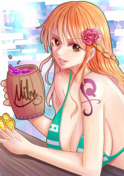 1girl bar beer_mug bikini bikini_top_only breasts brown_eyes cleavage flower hair_flower hair_ornament large_breasts looking_at_viewer mifenami money mug nami_(one_piece) nami_(one_piece)_(return_to_sabaody) one_piece orange_eyes orange_hair portrait shoulder_tattoo signature swimsuit tattoo upper_body