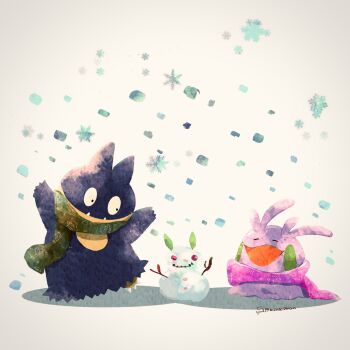 Rule 34 | arms up, commentary, commentary request, english commentary, gen 4 pokemon, gen 6 pokemon, goomy, green scarf, highres, looking at object, mixed-language commentary, munchlax, nintendo, no humans, open mouth, pokemon, pokemon (creature), pokemon focus, purple scarf, scarf, smile, snow, snowing, snowman, standing, tusks, winter, zozozoshion