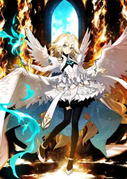 Rule 34 | 1girl, angel wings, anklet, black pantyhose, black shirt, blonde hair, blue cape, blue fire, blue sky, breasts, bridal gauntlets, cape, closed mouth, cloud, collared shrug, dress, expressionless, fate/grand order, fate (series), feathered wings, fiery background, fire, floating hair, game cg, hands up, headpiece, high heels, holding, jeanne d'arc (fate), jewelry, juliet sleeves, knees together feet apart, konoe ototsugu, leg up, long hair, long sleeves, looking at viewer, low wings, metatron jeanne (fate), metatron jeanne (third ascension) (fate), multiple wings, object request, official art, outstretched arms, pantyhose, puffy sleeves, shirt, shoes, short dress, shrug (clothing), sky, small breasts, solo, stiletto heels, third-party source, turtleneck, two-sided cape, two-sided fabric, very long hair, white cape, white dress, white shoes, white shrug, white wings, winged shoes, wings, yellow eyes