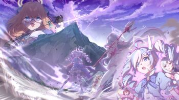 4girls blue_archive blush cloud cloudy_sky glasses halo highres holding holding_staff mage_staff magical_girl mascot_costume mascot_head mountain multiple_girls official_alternate_costume official_art rabu_(blue_archive) reisa_(blue_archive) reisa_(magical)_(blue_archive) shimiko_(blue_archive) shimiko_(magical)_(blue_archive) sky staff surprised suzumi_(blue_archive) suzumi_(magical)_(blue_archive) youguo_naberu