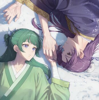 1boy 1girl bandaged_wrist bandages blue_eyes blue_ribbon blue_robe bun_cover chinese_clothes commentary green_hair green_shirt hair_bun hair_ribbon half_updo hetero highres holding_hands jinshi_(kusuriya_no_hitorigoto) kusuriya_no_hitorigoto looking_at_another maomao_(kusuriya_no_hitorigoto) pink_eyes purple_hair ribbon robe shirt snow soru_2023 symbol-only_commentary upper_body