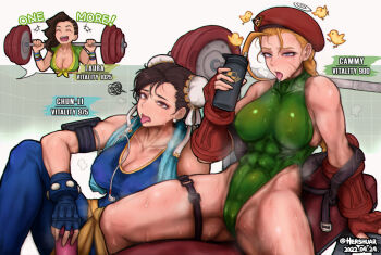 3girls abs barbell beret biceps black_hair blonde_hair breasts brown_hair cameltoe cammy_white capcom chun-li cleavage covered_abs covered_erect_nipples curvy earbuds earphones exercising exhausted fingerless_gloves front-tie_top gloves green_leotard hat heavy_breathing hershuar highleg highleg_leotard laura_matsuda leotard multiple_girls shiny_skin sitting spread_legs steaming_body street_fighter street_fighter_v sweat sweaty_clothes tank_top thermos thighs thong_leotard tongue tongue_out weightlifting wide_hips