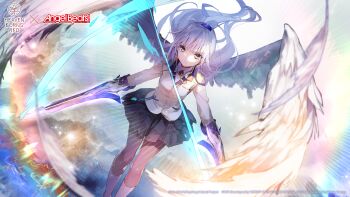 Rule 34 | 1girl, angel, angel beats!, angel wings, aura, black skirt, blurry, closed mouth, collared shirt, commentary, copyright logo, copyright notice, depth of field, dual wielding, dutch angle, english commentary, feathered wings, feathers, feet out of frame, fighting stance, floating hair, glowing, glowing sword, glowing weapon, hair between eyes, half updo, hand sonic, heaven burns red, highres, holding, holding sword, holding weapon, jacket, key (company), kneehighs, lens flare, light particles, logo, long hair, long sleeves, looking at viewer, miniskirt, neck ribbon, official art, official wallpaper, pleated skirt, ponytail, ribbon, school uniform, serious, shirt, skirt, socks, solo, standing, sword, tachibana kanade, v-shaped eyebrows, weapon, white feathers, white hair, white shirt, white socks, white wings, wings, yellow eyes, yellow jacket, yellow ribbon