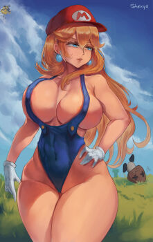 1girl areola_slip artist_name bare_arms bare_shoulders blonde_hair blue_eyes blue_leotard blue_sky breasts cloud cosplay covered_navel creature curvy day earrings female_focus gloves goomba grass hair_between_eyes hand_on_own_hip hat highleg highleg_leotard highres jewelry lakitu large_breasts legs_together leotard long_hair looking_to_the_side mario mario_(cosplay) mario_(series) mario_hat naked_overalls nintendo no_bra no_panties outdoors overalls parted_lips partially_visible_vulva peaked_cap plumber princess_peach red_hat revealing_clothes shexyo sidelocks sky solo sphere_earrings standing thick_thighs thighs warp_pipe white_gloves wide_hips x_x