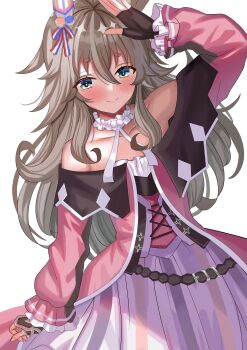 1girl absurdres ame_sagari animal_ears bare_shoulders black_gloves blue_eyes blush bow breasts choker closed_mouth coat commentary_request dress ear_bow ear_covers ear_ornament fingerless_gloves frilled_choker frills gloves green_eyes grey_hair hair_between_eyes highres horse_ears horse_girl jacket long_hair looking_at_viewer multicolored_hair off-shoulder_coat off-shoulder_dress off_shoulder pink_coat pink_dress pink_jacket simple_background single_ear_cover smile solo streaked_hair umamusume white_background wonder_acute_(butterfly_sting)_(umamusume) wonder_acute_(umamusume)