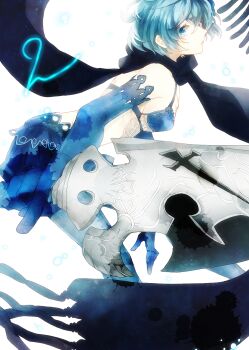 1girl bare_shoulders black_scarf blue_bra blue_eyes blue_gloves blue_hair blue_skirt bra breasts commentary_request detached_sleeves drag-on_dragoon drag-on_dragoon_3 elbow_gloves feet_out_of_frame foreshortening from_side gloves highres holding holding_sword holding_weapon light_particles looking_at_viewer medium_breasts parted_lips scarf short_hair sideways_glance skirt solo sword toa_(minnnasuki) two_(drag-on_dragoon) underwear weapon white_background