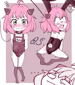 1girl :| all_fours animal_ears annoyed anya_(spy_x_family) artist_logo blush border closed_mouth collarbone constricted_pupils covered_navel dot_nose embarrassed eyebrows eyelashes fake_animal_ears fake_tail female_focus from_behind full_body green_eyes highres leash leotard logo loli looking_at_viewer looking_back medium_hair mind_reading monochrome multiple_views nose_blush one-piece_swimsuit open_mouth oversleepergirl pink_theme playboy_bunny rabbit_ears rabbit_girl rabbit_tail scared simple_background socks spy_x_family standing strapless strapless_leotard surprised swimsuit tail teeth upper_body wavy_mouth wide-eyed