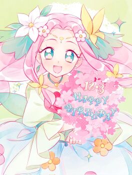 Rule 34 | 1girl, :d, blush, braid, bubble skirt, commentary, cure felice, earrings, english text, fairy wings, flower, flower in eye, hair flower, hair ornament, hanami kotoha, highres, jewelry, long hair, looking at viewer, mahou girls precure!, necklace, open mouth, pink hair, precure, puffy short sleeves, puffy sleeves, qianxia yell, short sleeves, skirt, smile, symbol-only commentary, symbol in eye, twin braids, very long hair, white sleeves, wings