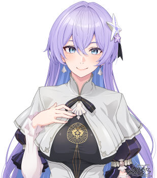 1girl black_shirt blue_eyes blue_hair breasts cantarella_(wuthering_waves) capelet closed_mouth colored_inner_hair commentary_request commission dated earrings fingernails grey_capelet hair_between_eyes hair_ornament hand_on_own_chest highres jewelry large_breasts looking_at_viewer masaki_shino mole mole_under_eye multicolored_hair purple_hair shirt signature simple_background skeb_commission smile solo upper_body white_background wuthering_waves