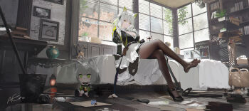 Rule 34 | 1girl, alternate costume, animal ears, apron, arknights, artist name, bed, black dress, black pantyhose, book, bookshelf, breasts, cat ears, cat girl, character doll, cleavage, commentary request, doll, dress, green hair, high heels, highres, indoors, kal'tsit (arknights), kal'tsit (the remains of time) (arknights), large breasts, maid, maid apron, maid headdress, official alternate costume, omone hokoma agm, on bed, pantyhose, short hair, soles, solo, toes, white apron, wooden floor