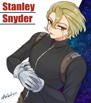 1boy akashiro_kiro22 blonde_hair bodysuit character_name cigarette dr._stone gloves green_eyes green_hair hair_between_eyes highres long_sleeves looking_at_viewer male_focus mouth_hold scar scar_on_face short_hair smile solo stanley_snyder_(dr.stone) upper_body white_background white_gloves zipper