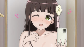 1girl blush breasts brown_hair cellphone clothes_hanger collarbone flower gochuumon_wa_usagi_desu_ka? green_eyes hair_flower hair_ornament hair_ribbon hand_on_own_chest heart holding holding_phone large_breasts long_hair looking_at_viewer mirror mirror_selfie open_mouth phone pink_ribbon poa_mellhen reflection ribbon selfie smartphone smile standing ujimatsu_chiya upper_body white_flower