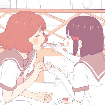 Rule 34 | 2girls, 55bata6rou, black hair, blush, bow, brown hair, closed eyes, feeding, food, from side, hair bow, hibike! euphonium, highres, hisaishi kanade, holding, holding spoon, kitauji high school uniform, looking at another, multiple girls, neckerchief, open mouth, oumae kumiko, pale color, partially colored, plate, profile, red bow, sailor collar, school uniform, shirt, short hair, short sleeves, spoon, table, tongue, tongue out, upper body, yuri