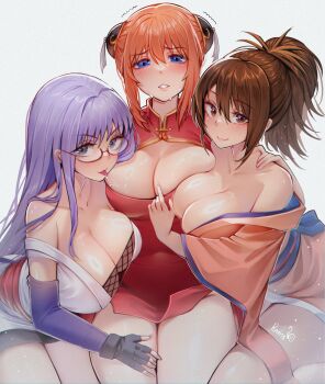 3girls alternate_breast_size_(larger) artist_name blue_eyes breasts brown_eyes brown_hair cleavage_cutout clothing_cutout gintama glasses highres japanese_clothes kagura_(gintama) kimono large_breasts long_hair looking_at_viewer medium_hair multiple_girls open_clothes orange_hair ponytail pumiss purple_eyes purple_hair sarutobi_ayame shimura_tae shiny_skin simple_background smile tongue white_background