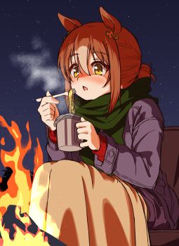 1girl animal_ears blanket_over_legs blonde_hair blush bonfire brown_hair campfire chipushishi clover_hair_ornament commentary_request eating fine_motion_(umamusume) fire food fork hair_bun hair_ornament highres holding holding_fork horse_ears horse_girl jacket multicolored_hair night noodles nose_blush open_mouth outdoors scarf shorts single_hair_bun sitting sky solo star_(sky) starry_sky steam umamusume yellow_eyes