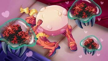 1girl alien anoartist1994 armor armored_boots big_belly blonde_hair boots closed_eyes commission commissioner_upload hallway hand_on_own_stomach hyper_pregnancy indoors lying metroid metroid_(creature) midriff navel nervous nintendo on_back ponytail power_suit_(metroid) pregnant samus_aran science_fiction second-party_source spacecraft spacesuit stomach_bulge varia_suit wince