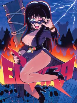 1girl absurdres adjusting_eyewear beehive_hairdo black_dress black_nails black_shoes blue_eyes breasts cleavage dagger dress elvira:_mistress_of_the_dark elvira_(elvira:_mistress_of_the_dark) fire halloween high_heels highres knife large_breasts lightning long_hair night one_eye_closed shoes skull smile solo speedoru sunglasses tombstone weapon