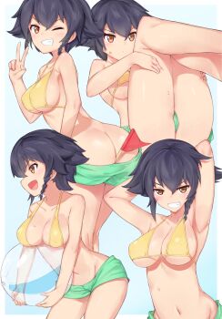 10s 1girl ;d absurdres armpits arms_behind_head arms_up ass back bad_id bad_pixiv_id ball bare_legs beachball between_buttocks bikini bikini_top_only black_hair blue_background blush braid breast_rest breasts brown_eyes butt_crack cleavage closed_mouth clothes_pull collarbone covered_erect_nipples flag girls_und_panzer green_shorts grin highres holding holding_ball large_breasts leaning_forward legs_up looking_at_viewer looking_back lying mooning multiple_views navel on_back one_eye_closed open_mouth outside_border pepperoni_(girls_und_panzer) profile short_hair short_shorts shorts shorts_pull side_braid sideboob simple_background smile stomach string_bikini sweatdrop swimsuit teeth thighs transparent tsurime twisted_torso underboob upper_body v v-shaped_eyebrows yellow_bikini yoi_naosuke