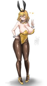 Rule 34 | 2girls, ahoge, animal ears, anis (nikke), blonde hair, blush, bow, bowtie, breasts, brown pantyhose, chibi, cleavage, detached collar, fake animal ears, fake tail, fishnet pantyhose, fishnets, geist43195783, goddess of victory: nikke, grin, hand on own hip, heart, high heels, highleg, highleg leotard, highres, huge breasts, leotard, multiple girls, neon (nikke), one eye closed, orange eyes, pantyhose, playboy bunny, rabbit ears, rabbit tail, short hair, smile, strapless, strapless leotard, tail, v, wrist cuffs, yellow bow, yellow bowtie, yellow leotard