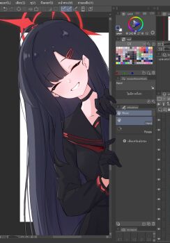 Rule 34 | 1girl, black choker, black gloves, black sailor collar, black shirt, black skirt, blue archive, choker, clip studio paint, closed eyes, commentary, gloves, grin, hair behind ear, hair ornament, hairclip, halo, highres, ichika (blue archive), red halo, sailor collar, shirt, skirt, smile, solo, tah noey