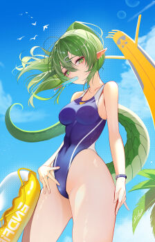 Rule 34 | 1girl, absurdres, alternate costume, arknights, arknights: endfield, bare shoulders, blue one-piece swimsuit, blue sky, breasts, commentary, day, fluorite (arknights), food, food in mouth, green eyes, green hair, hair between eyes, hair ornament, highleg, highleg one-piece swimsuit, highres, long hair, looking at viewer, medium breasts, one-piece swimsuit, outdoors, popsicle, popsicle in mouth, sikimosh, sky, solo, swimsuit, tail, thighs