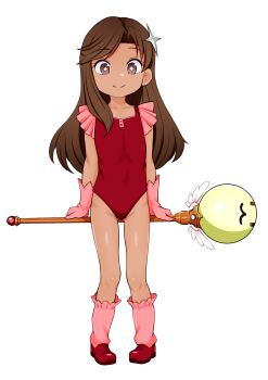 Rule 34 | 1girl, absurdres, brown eyes, brown hair, closed mouth, commentary, dark-skinned female, dark skin, english commentary, flat chest, full body, gloves, gluteal fold, groin, highres, holding, holding staff, leotard, long hair, looking at viewer, loose socks, mage staff, oozutsucannon, original, pink gloves, pink socks, red leotard, red shoes, shoes, simple background, smile, socks, solo, staff, white background