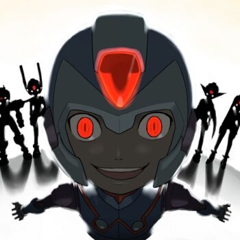 1girl 4boys capcom copy_x_(mega_man) creepy fairy_leviathan_(mega_man) fighting_fefnir_(mega_man) hidden_phantom_(mega_man) horror_(theme) inti_creates kin_niku looking_at_viewer lowres mega_man_(series) mega_man_zero_(series) mega_man_zero_1 multiple_boys rape_face red_eyes sage_harpuia_(mega_man) smile teeth upper_teeth_only