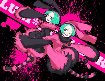 2girls 6hours_(fancycars) aqua_hair black_eyes dogs:_bullets_&amp;_carnage green_hair hat heterochromia long_sleeves luki multiple_girls noki pantyhose short_hair siblings sisters sleeves_past_wrists socks striped_clothes striped_legwear striped_pantyhose twins yellow_eyes