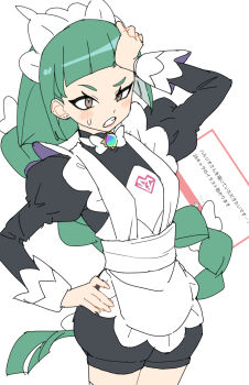 1girl apron black_romper blunt_bangs bow bowtie braid braided_ponytail clenched_teeth commentary_request gazacy_(dai) green_hair hand_on_own_head hand_on_own_hip highres juliet_sleeves lebanne_(pokemon) long_braid long_hair long_sleeves maid maid_apron maid_headdress mega_stone nintendo pink_lips pokemon pokemon_legends:_z-a puffy_sleeves romper solo sweatdrop teeth tsurime white_bow white_bowtie