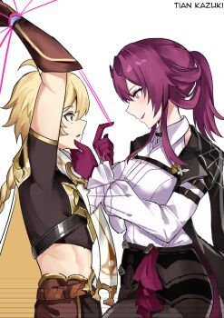 Rule 34 | 1boy, 1girl, abs, aether (genshin impact), ahoge, arms up, artist name, bdsm, black jacket, black pantyhose, blonde hair, blush, bondage, bound, braid, collared shirt, commentary, commission, couple, crop top, english commentary, eyewear on head, frilled sleeves, frills, from side, genshin impact, gloves, hair between eyes, hair up, hand on another's chin, hetero, high ponytail, highres, honkai: star rail, honkai (series), in-franchise crossover, jacket, jacket on shoulders, kafka (honkai: star rail), long sleeves, looking at another, looking down, looking up, mihoyo, open mouth, pants, pantyhose, ponytail, purple eyes, purple hair, scarf, second-party source, shirt, short sleeves, shorts, single braid, smile, standing, sunglasses, tian kazuki, trap, upper body, white background, white shirt, yellow eyes