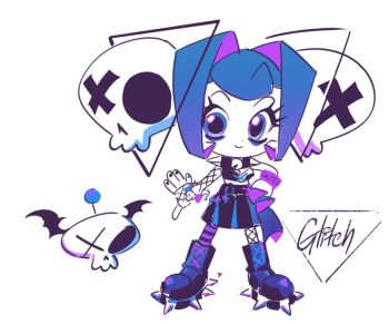 1girl android blue_hair boots chibi collar glitch_productions goth_fashion hair_ornament knights_of_guinevere makeup princess princess_guinevere punk skirt skull_hair_ornament spiked_boots spiked_collar spikes