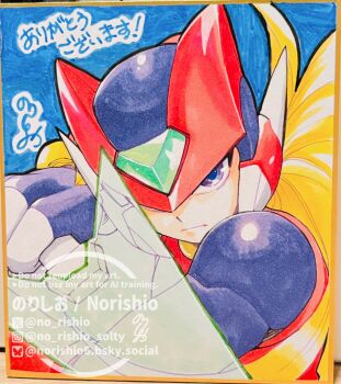 1boy armor black_eyes blonde_hair breasts energy_sword forehead_jewel gold_border helmet highres holding holding_sword holding_weapon long_hair no-rishio red_armor red_helmet shikishi solo sword traditional_media watermark weapon