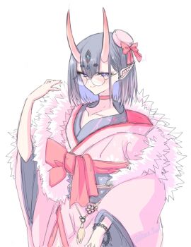 1girl blush bow breasts choker eyeliner fate/grand_order fate_(series) glasses hat headpiece highres himo horns japanese_clothes kimono long_sleeves looking_at_viewer makeup mini_hat obi oni pink_hat pink_kimono pointy_ears purple_eyes purple_hair red_bow sash short_hair shuten_douji_(dress_for_demons)_(fate) shuten_douji_(fate) skin-covered_horns small_breasts smile solo wide_sleeves