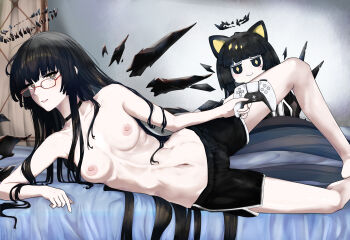2girls 3_iq_tuna absurdres angel arknights black_choker black_hair black_halo black_shorts black_wings breasts choker commentary controller detached_wings dolphin_shorts english_commentary game_controller glasses halo highres holding holding_controller holding_game_controller indoors large_variant_set long_hair lying multiple_girls navel nipples on_bed on_side shorts small_breasts stomach topless_female underboob variant_set very_long_hair virtuosa_(arknights) wings