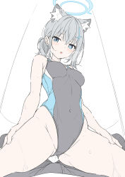 Rule 34 | 1boy, 1girl, animal ear fluff, animal ears, bare arms, bare shoulders, black one-piece swimsuit, blue archive, blue eyes, blush, breasts, bulge, commentary, covered navel, cross, cross hair ornament, earrings, extra ears, girl on top, grey hair, hair ornament, heavy breathing, highleg, highleg swimsuit, highres, inverted cross, jewelry, looking at viewer, masabodo, medium breasts, official alternate costume, one-piece swimsuit, open mouth, shiroko (blue archive), shiroko (swimsuit) (blue archive), simple background, stud earrings, swimsuit, white background, wolf ears, wolf girl