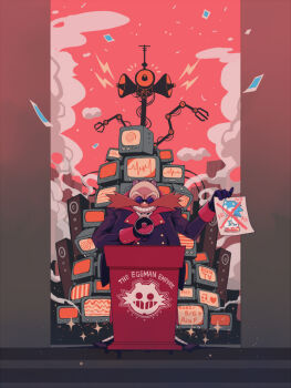 1boy aimf alternate_costume arrow_(symbol) artist_name bald black_coat black_gloves buttons cardiogram coat crt dated dr._eggman english_text eyewear_on_head facial_hair glasses gloves goggles grey-framed_eyewear grin hands_up happy heart holding holding_megaphone holding_paper horn_speaker lightning_bolt_symbol logo long_sleeves looking_at_viewer male_focus megaphone mustache notice_lines outdoors paper pince-nez pinky_out podium poster_(object) red_sky round_eyewear signature sky smile smoke solo sonic_(series) sonic_the_hedgehog sparkle speaker static straight-on sunglasses teeth television