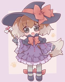 Rule 34 | 1girl, alternate costume, animal ears, black boots, black capelet, black eyes, black hat, boots, bow, bow alma, bowtie, brown hair, capelet, chibi, dog ears, dog girl, dog tail, dress, emil chronicle online, frilled dress, frills, grey thighhighs, halloween costume, hat, hat ribbon, highres, holding, holding wand, open mouth, paw print, paw print background, purple background, purple dress, red bow, red bowtie, red ribbon, ribbon, solo, tail, thighhighs, wand, witch hat, yusa yuyu