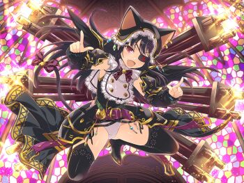 1girl :d animal_ear_helmet animal_ears animal_ears_helmet animal_helmet armor belt bib black_boots black_garter_straps black_hair blue_gemstone blunt_bangs blush boots bow bowtie buttons cat_ears cat_helmet cat_ornament cat_tail detached_sleeves eyepatch fang faulds firing flat_chest garter_straps gatling_gun gem gluteal_fold gold_buttons gold_trim gothic_lolita green_belt green_gemstone groin_tendon gun high_heels highres indoors lolita_fashion long_hair looking_at_viewer marvelous mirai_(senran_kagura) mitsudomoe_(shape) muzzle_flash official_alternate_costume official_art open_mouth panties pauldrons pointing pointing_at_viewer purple_belt purple_bow purple_bowtie red_eyes red_gemstone senran_kagura senran_kagura_new_link senran_kagura_shoujo-tachi_no_shin'ei shoulder_armor smile solo stained_glass tail tail_bow tail_ornament tailcoat thigh_boots thighhighs tomoe_(symbol) tongue underwear weapon white_panties window yaegashi_nan