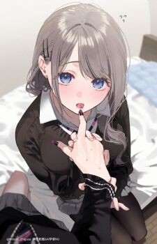 Rule 34 | 2girls, black cardigan, black nails, black sweater, blue eyes, blush, cardigan, chigusa minori, commentary request, female pov, gradient nails, grey hair, grey skirt, hair ornament, hairclip, highres, holding hands, licking, licking finger, long hair, long sleeves, looking at viewer, multiple girls, nail polish, on bed, parallel hairclips, pov, purple nails, saotome shino (shino to ren), shino to ren, shirayuki ren, shirt, sitting, skirt, sweatdrop, sweater, white shirt, yuri