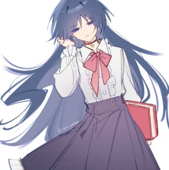 Rule 34 | 1girl, alternate costume, alternate hair length, alternate hairstyle, arm at side, black choker, black hair, black skirt, blouse, book, bow, bowtie, casual, choker, choppy bangs, collared shirt, commentary, contemporary, cowboy shot, english commentary, frilled shirt, frilled sleeves, frills, genderswap, genderswap (mtf), genshin impact, half-closed eyes, hand up, heart, heart choker, highres, holding, holding book, large bow, long hair, long skirt, long sleeves, pink bow, pink bowtie, purple eyes, rzm mmzk, scaramouche (genshin impact), shirt, skirt, solo, tsurime, very long hair, white background, white shirt, white sleeves, wing collar, wispy bangs