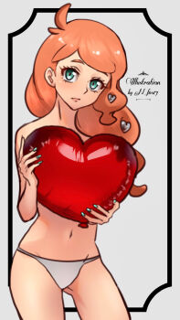 1girl balloon blush closed_mouth commentary_request covering_breasts covering_privates echizen_(n_fns17) eyelashes framed green_eyes grey_panties hair_down hair_ornament heart heart_hair_ornament highres holding long_hair looking_at_viewer nail_polish navel nintendo orange_hair panties pokemon pokemon_swsh solo sonia_(pokemon) topless_female underwear