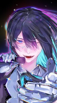 1girl ado_(utaite) black_hair blue_eyes blue_hair carlos_jpg chando_(ado) chinese_commentary colored_inner_hair commentary_request fangs floating_hair gloves hair_between_eyes highres holding holding_microphone looking_at_viewer microphone mole mole_under_eye multicolored_hair one_eye_closed solo utaite white_gloves