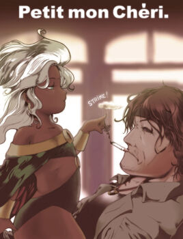 10s 1boy 1girl age_difference aged_down animification aqua_eyes backlighting bare_shoulders black_sclera blurry brown_hair cape child cigarette cloud colored_sclera dark_skin depth_of_field earrings eye_contact facial_hair flat_chest french_text gambit girl_on_top goatee_stubble grey_hair half-closed_eyes headband jewelry leotard lightning_bolt_earrings lightning_bolt_symbol looking_at_another magic marvel midriff mouth_hold necklace o-ring o-ring_top okazuwa_shake open_clothes open_shirt profile rain ranguage red_eyes ring shirt short_hair smoke smoking storm_(x-men) straddling stubble superhero_costume vambraces x-men