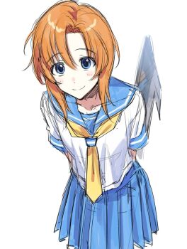 1girl arms_behind_back blue_eyes blue_sailor_collar blue_skirt blush commentary_request highres higurashi_no_naku_koro_ni korean_commentary looking_at_viewer nata_(tool) neckerchief nonanonnon6u6 orange_hair pleated_skirt ryuuguu_rena sailor_collar school_uniform serafuku shirt short_hair short_sleeves simple_background skirt smile solo white_background white_shirt yellow_neckerchief