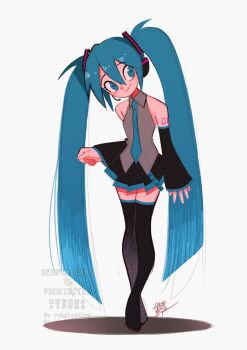 1girl absurdly_long_hair arm_tattoo black_thighhighs blue_hair closed_mouth collared_shirt crossed_legs detached_sleeves double-parted_bangs full_body green_necktie grey_shirt hair_between_eyes hatsune_miku headset highres long_hair long_sleeves looking_to_the_side necktie pleated_skirt shirt sideways_glance skirt sleeves_past_wrists smile solo standing tattoo thighhighs twintails very_long_hair vocaloid watermark watson_cross white_background wing_collar yorita_genyu zettai_ryouiki
