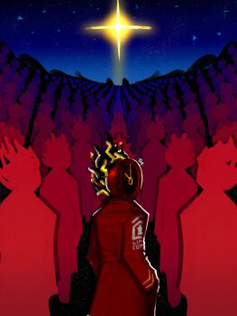 1other analog_clock atmospheric_perspective black_gloves burning clock clone coat commentary dante_(limbus_company) english_commentary gloves hands_in_pockets highres limbus_company looking_at_viewer looking_back mountainous_horizon multiple_views project_moon prosthetic_head red_coat senlidoesstuff silhouette sky solo sparkle star_(sky) starry_sky sun upper_body