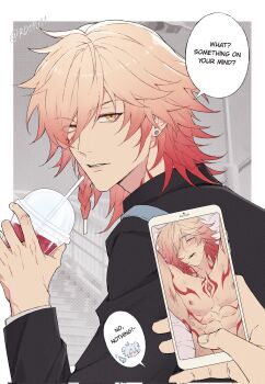 2boys abs animal_ears antenna_hair arm_tattoo armpit_hair arms_up black_shirt blonde_hair blush braid cellphone_photo chest_tattoo collared_shirt commentary cup dog_boy dog_ears dog_tail drinking_straw drooling english_commentary facial_tattoo gradient_hair highres holding holding_cup holding_phone honkai:_star_rail honkai_(series) implied_sex juxtaposition layered_sleeves male_focus medium_hair multicolored_hair multiple_boys mydei_(honkai:_star_rail) phainon_(honkai:_star_rail) phone pov pov_hands rd11011 red_hair red_tattoo shirt side_braid solo_focus tail tail_wagging tattoo toned toned_male white_hair white_shirt yaoi yellow_eyes