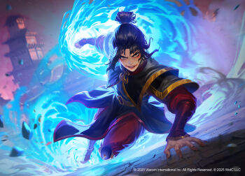 1girl avatar:_the_last_airbender avatar_legends azula black_hair blue_fire element_bending evil_smile fahmi_fauzi fire hair_bun highres long_sleeves magic:_the_gathering official_art pyrokinesis robe smile solo topknot